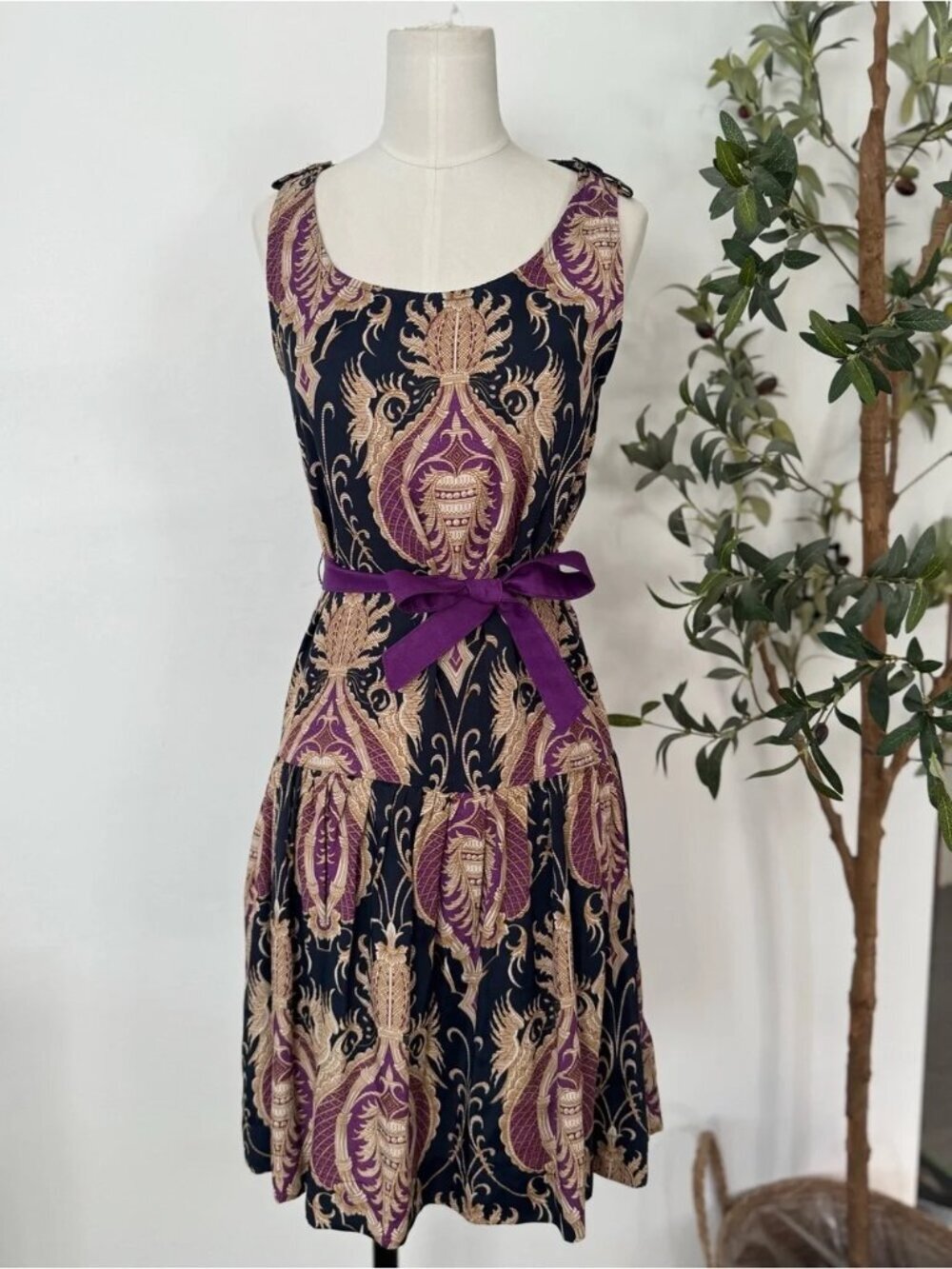 Mango Suit Baroque Print Fit & Flare Dress XS Purple Gold Navy Sleeveless